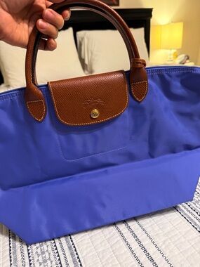 Longchamp Tote in Bright Blue with Brown Leather Trim